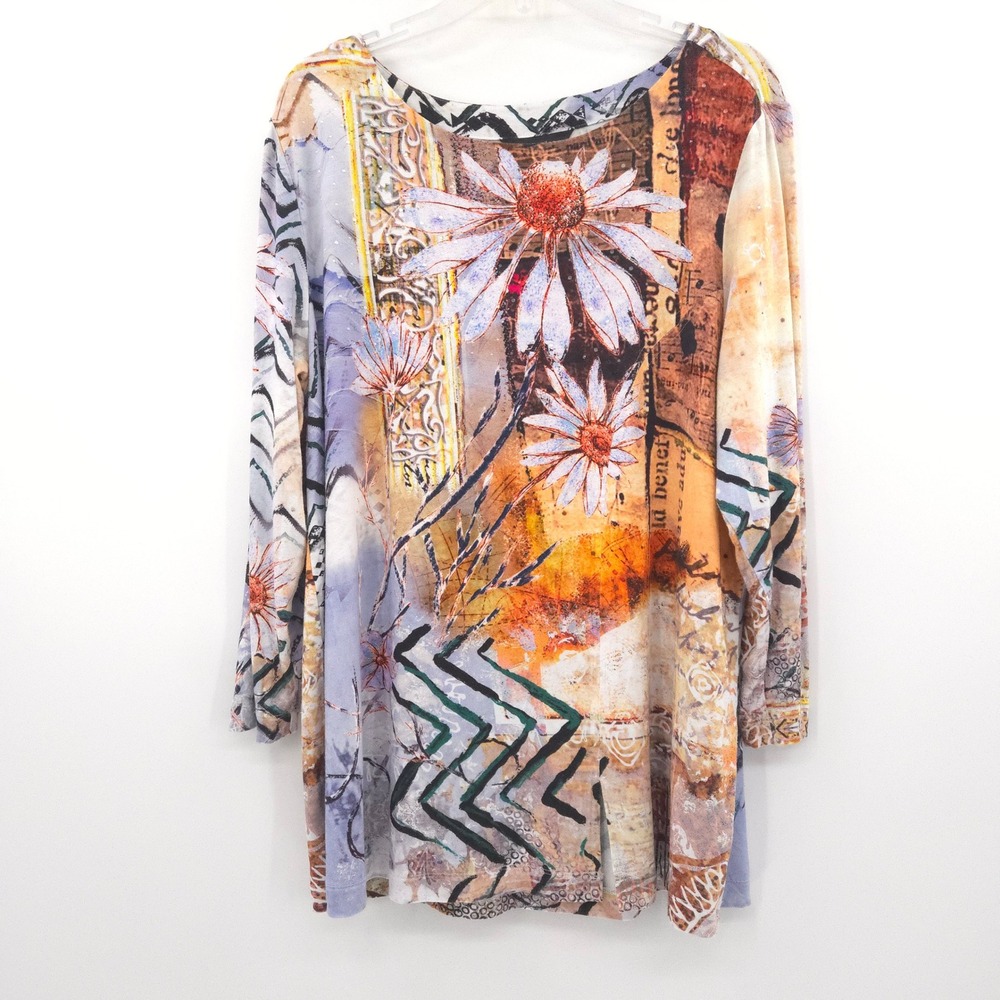 Ali Miles Tunic Top Womens Large Multicolor Floral Mixed Media Long Sleeve